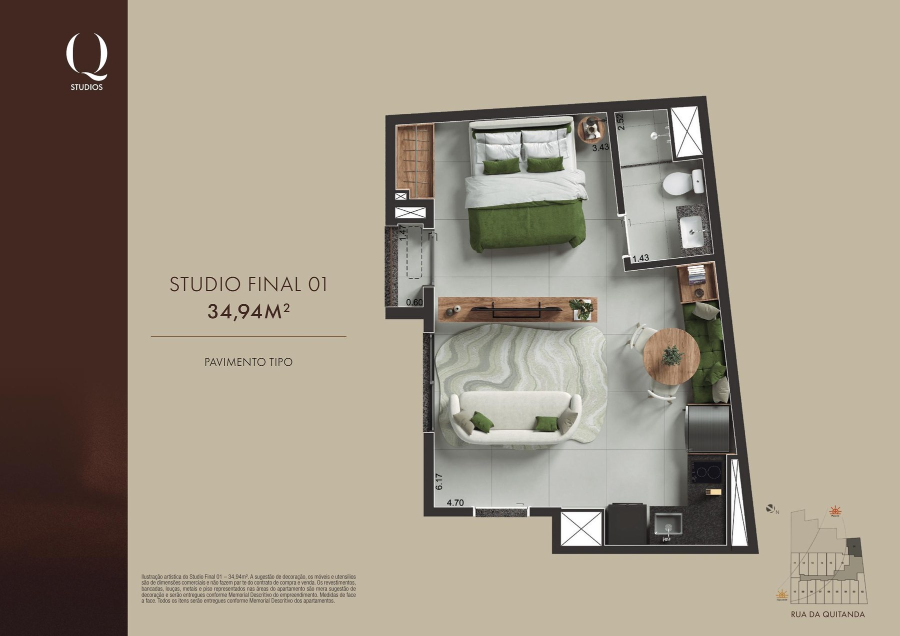 Planta oficial Studio Final 01 do Q Studios, 34,94 m²