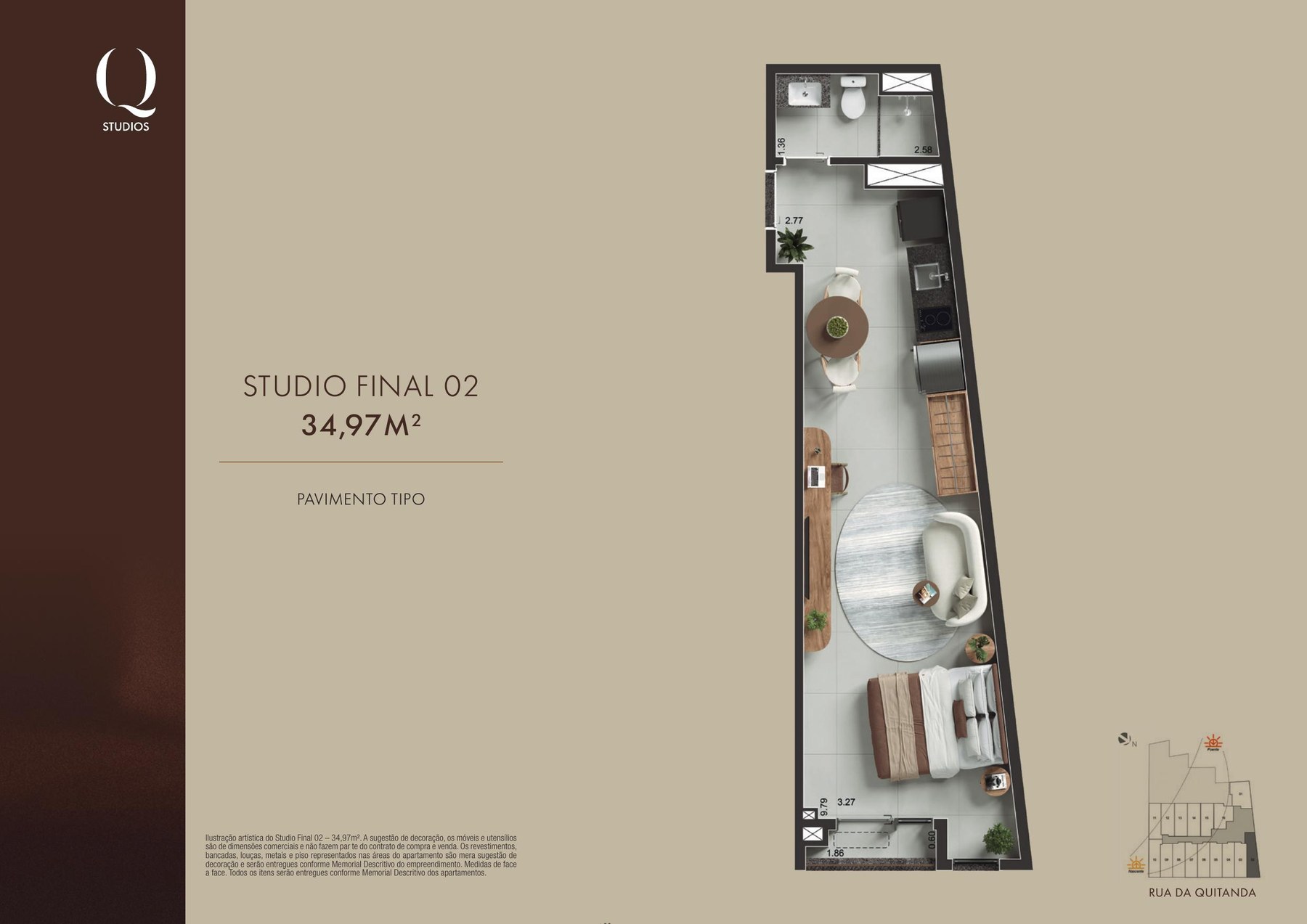 Planta oficial Studio Final 02 do Q Studios, 34,97 m²