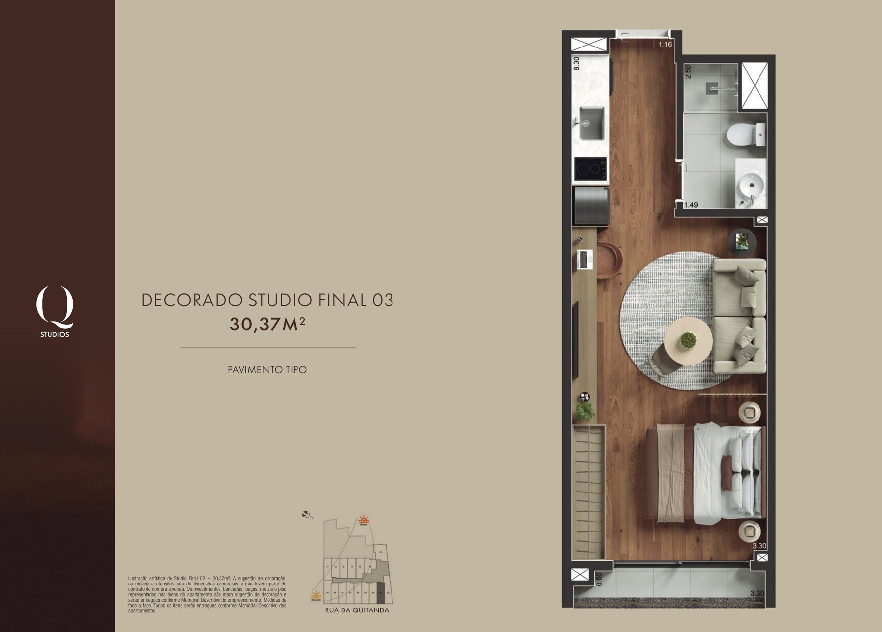 Planta oficial Studio Final 03 do Q Studios, 30,37 m²