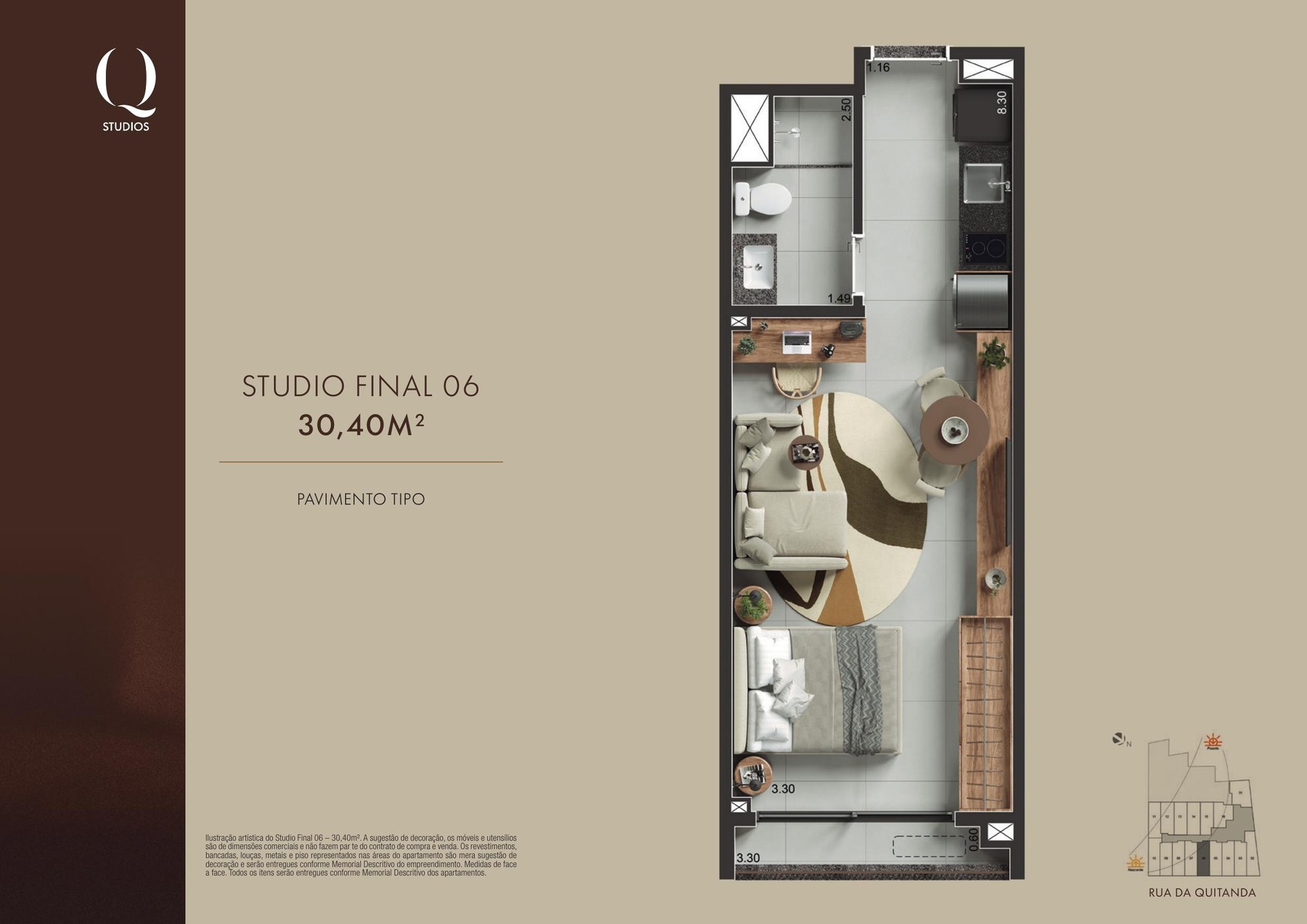 Planta oficial Studio Final 06 do Q Studios, 30,40 m²