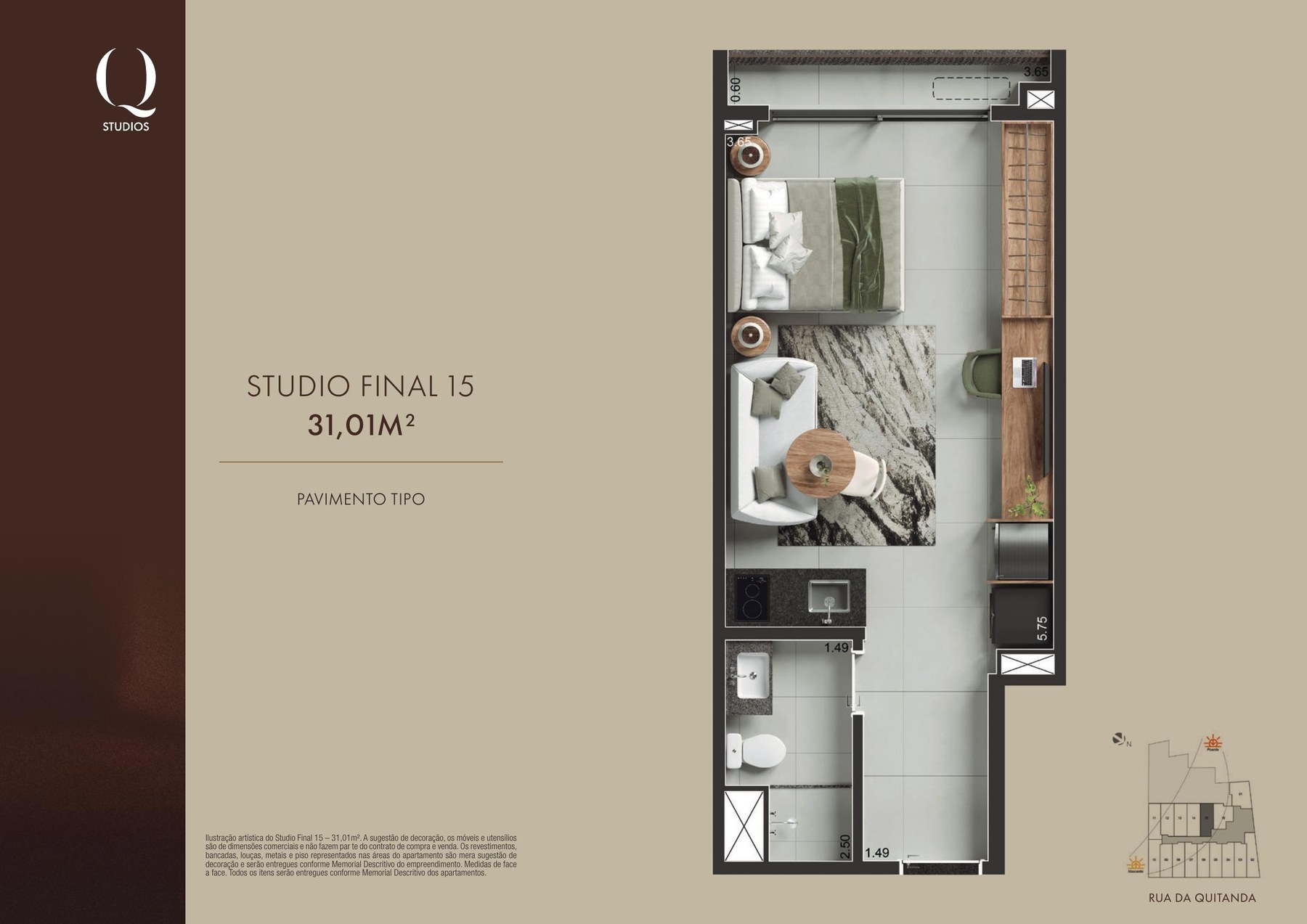 Planta oficial Studio Final 15 do Q Studios, 31,01 m²